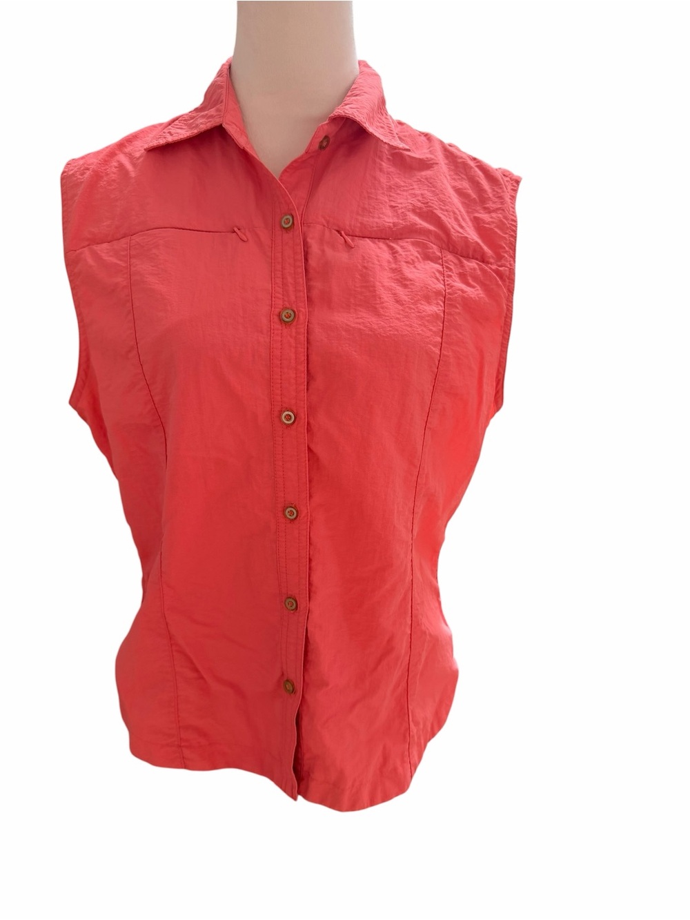 Sleeveless Coral Button-Front Women's Large Shirt Collar Nylon Lightweight